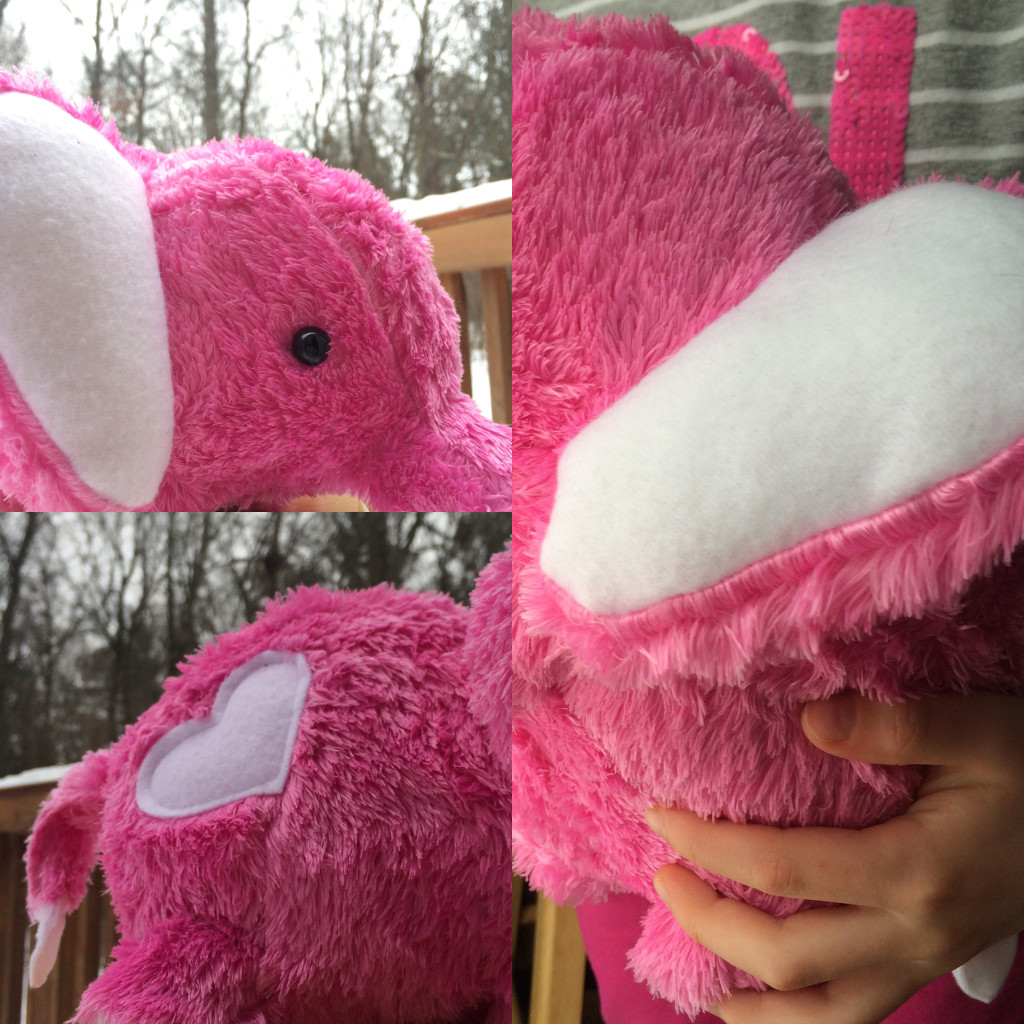 Georgia's Elephant: Pink Faux Fur and White Fleece with button eyes because there was no way I was going to work that fur more than I had to.