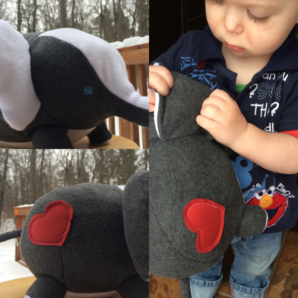 Mickey's Elephant: gray and white fleece with hand embroidered eyes in case he gets a taste for eyeballs as toddlers often do (sorry about the snot nose, daycare decided to give him RSV and an ear infection for Vday)